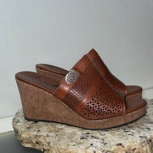 Brighton Dali Brown Leather Laser Cut Silver Plated Detail Cork Wedge Sandals 9M
